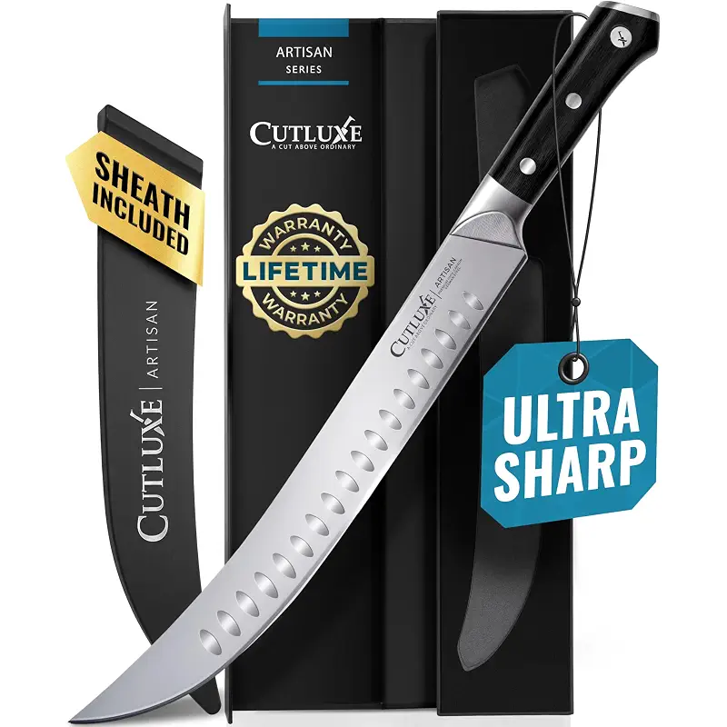 Cutluxe Butcher Knife – 10″ Cimeter Breaking Knife for BBQ & Brisket, Razor Sharp Forged German Steel, Full Tang Meat Carving Knife, Pakkawood Handle, Grilling Gifts for Men – Artisan Series