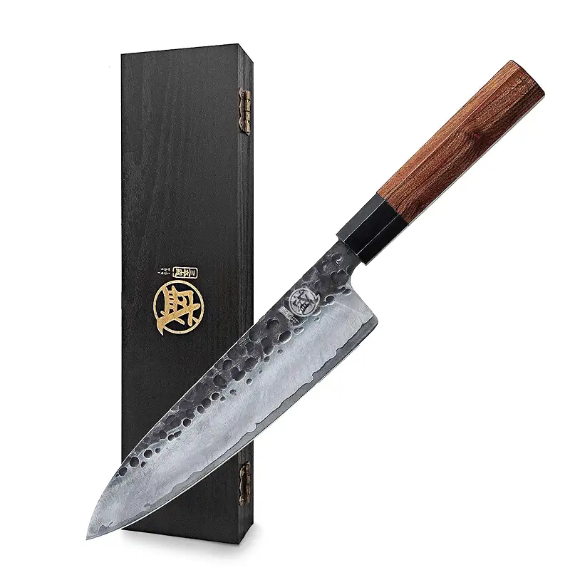 MITSUMOTO SAKARI 8-Inch Japanese Gyuto Chef Knife, 3-Layer 9Cr18MoV | San-Mai High Carbon Stainless Steel, Hand-Forged Finish, Octagonal Rosewood Handle, Sandalwood Box