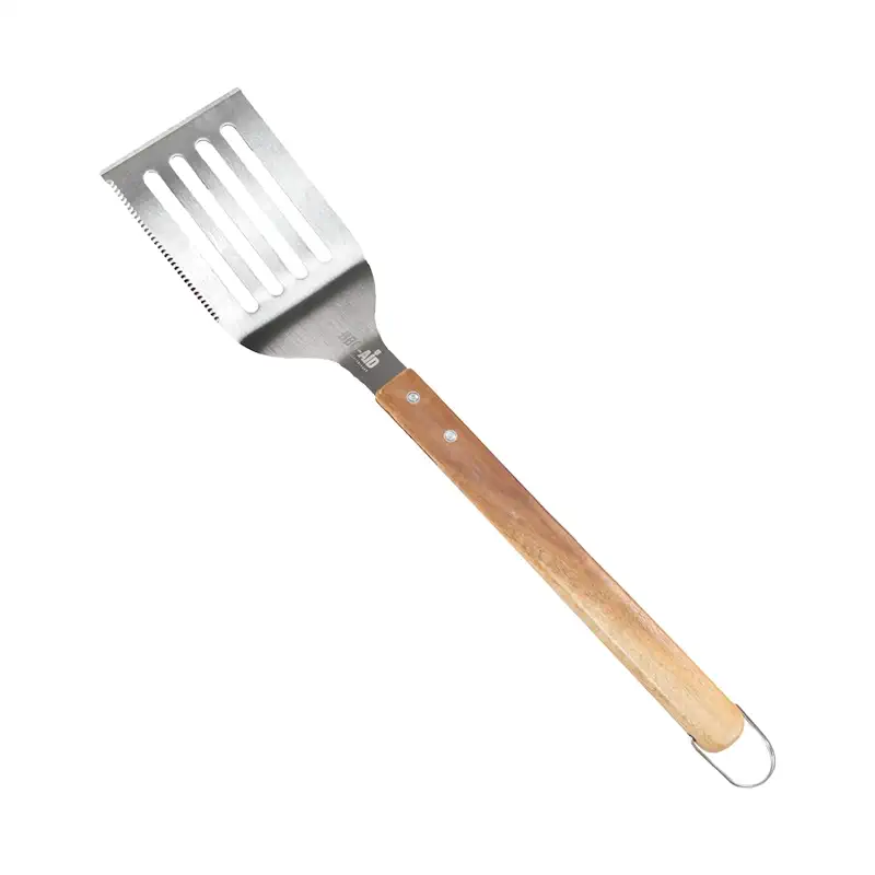 BBQ-AID Pro BBQ Metal Spatula - 17" Barbecue Spatula Stainless Steel with Serrated Knife Edge - Acacia Wood Handle - Heavy Duty Built to Last