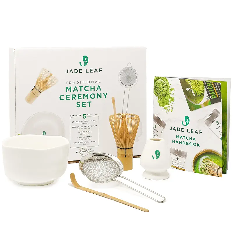 Jade Leaf Matcha - Complete Matcha Whisk Set - Ceremonial Gift Set Includes: Bamboo Matcha Whisk & Scoop, Stainless Steel Sifter, Stoneware Bowl & Whisk Holder and Prep Guide