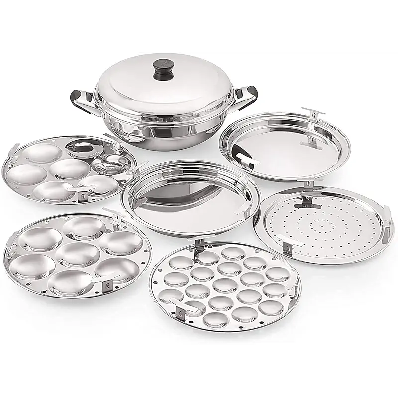 Tabakh Stainless Steel Multi Kadai with Steamer Plate, Mini Idli Plate, 2 Idli Plates, 2 Dhokla Plates, Induction Friendly