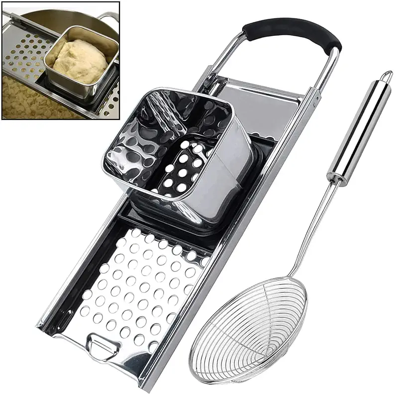 Premium Grade Stainless Steel Spaetzle Maker with Comfort Grip Handle, Stainless Steel Spider Strainer Skimmer Spoon Pasta Strainer, Homemade German Egg Noodle Dumpling Making Tool Set