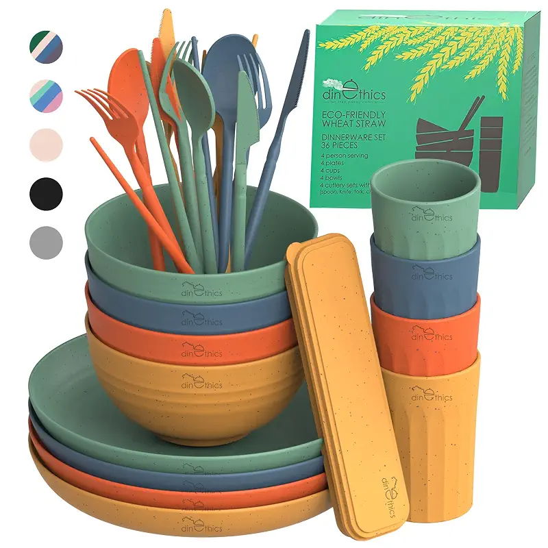 Wheat Straw Dinnerware Sets For 4 - Camping Plates Cups And Bowls Set - Dishwasher Microwave Safe Dishes - Alternate To Plastic Dinnerware Set - Wheat Straw Plates And Bowls Sets - RV Dishes
