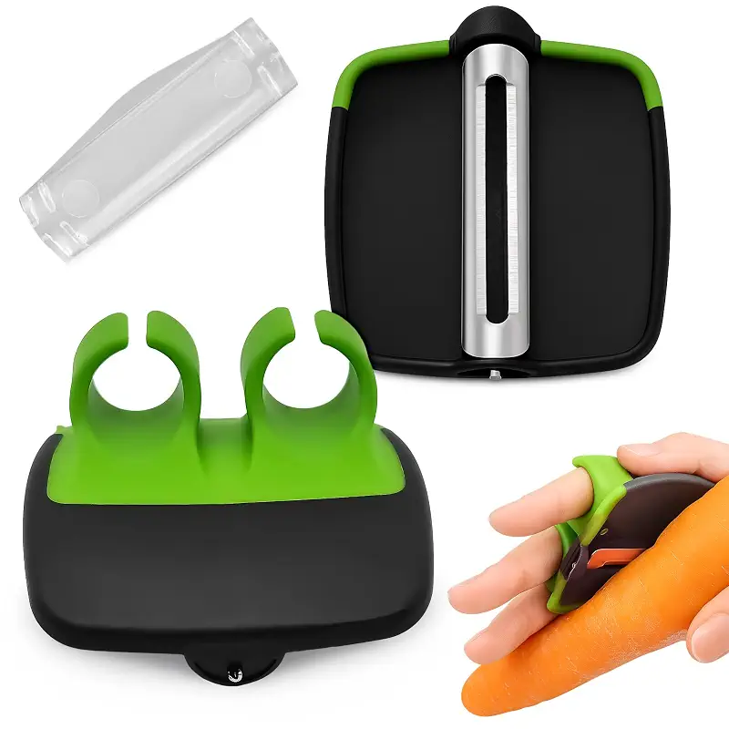 Palm Peeler for Vegetables with Double-Sided Stainless Steel Blades | Finger Potato Peeler for Kitchen, Suitable for Carrot and Fruits, Silicone Body, Non-Slip Grip, Blade Cover, Dishwasher Safe