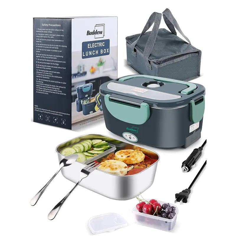 Buddew Electric Heated Lunch Box, 100W Fast Heating, 1.5L Food-Grade 304 Stainless Steel, 12V/24V/110V Portable Food Warmer for Car Truck Office Adults, Lonchera Electrica Portatil (Green)