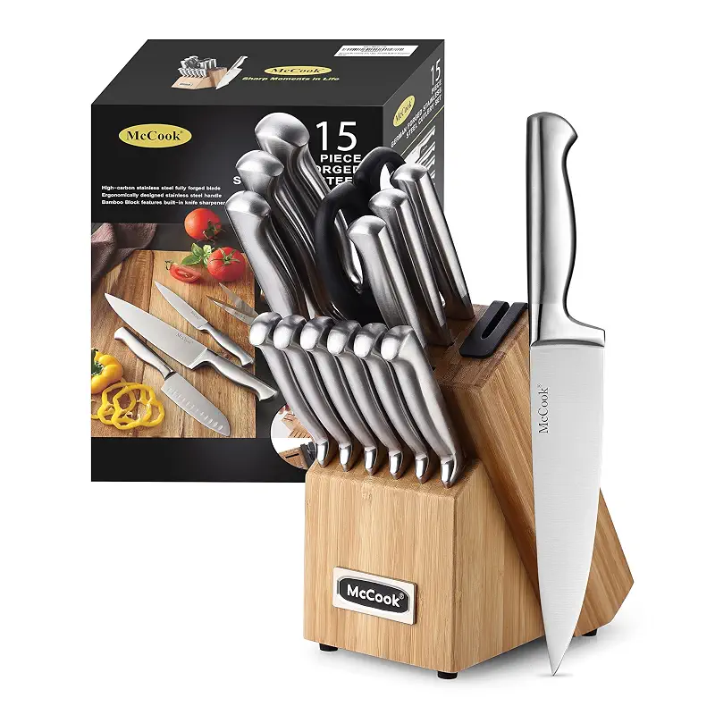 McCook Knife Set Kitchen Steel Knife Block Set w Built-in Sharpener | German Forged Stainless Steel,15 PC,Razor Sharp,Non-Stick&Anti-Rust,Ergonomic Handle,Full Tang,Gift Box