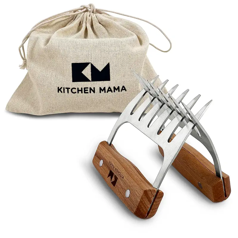 Kitchen Mama Meat Claws, Stainless Steel with Wooden Handle, 1 Pair | BBQ Shredder Claws, For Pulling Pork, Chicken, Beef, Turkey, Perfect for Grill Masters