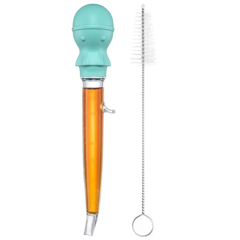 U-Taste 1.5oz Angled Turkey Baster - 228.2℉ Heat Resistant Food Grade Tritan and Silicone Large Octopus Bulb Baster Set with Cleaning Brush for Cooking Basting Meat Poultry Beef Chicken (Aqua Sky) | 228.2°F Heat Resistant Food Grade Tritan & Silicone, 1.5oz Angled Non-drip Meat Baster Grease Sucker for Cooking Hot Liquid