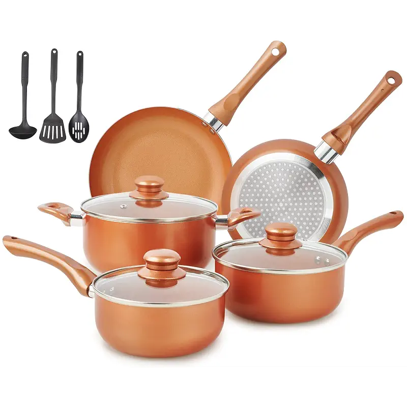 M MELENTA Pots and Pans Set Ultra Nonstick, Pre-Installed 11pcs Cookware Set Copper with Ceramic Coating, Stay cool handle & Nylon Kitchen Utensils, Gas/Induction Compatible, 100% PFOA Free | Compact Nonstick Cooking Set, Induction Cookware Set, PFOA & PFAS Free, Non-Toxic Pots and Pans, Easy Food Release