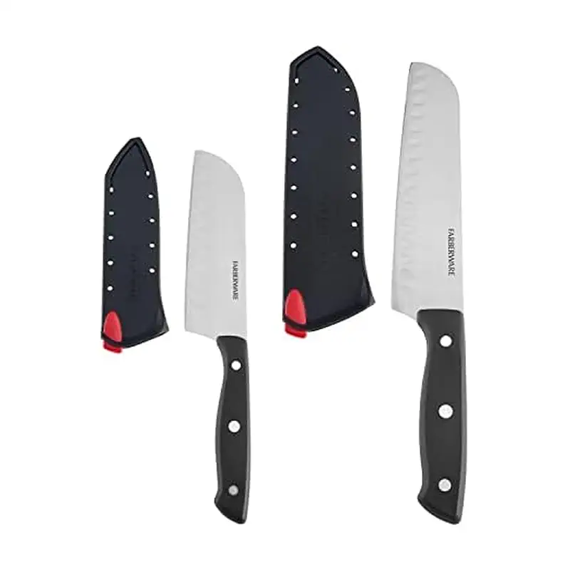 Farberware Edgekeeper Self-Sharpening Triple Riveted Santoku Knife Set, 4-Piece, Black