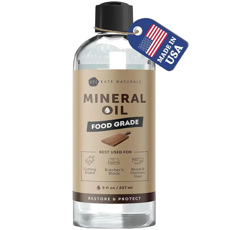 Kate Naturals Mineral Oil for Wood Cutting Board, Food Grade, Odorless, 8oz | Food Safe Mineral Oil to Protect Wooden Cutting Board, Butcher Block, Utensils, Bamboo Boards, Stainless Steel Knife