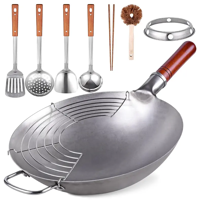 Teewe 13.4" Carbon Steel Wok Traditional Hand Hammered Round Bottom Wok | Chinese Woks Pan with 8 Pcs Cookware Accessories for Gas Stovetops, Open Fire, BBQ, Camping