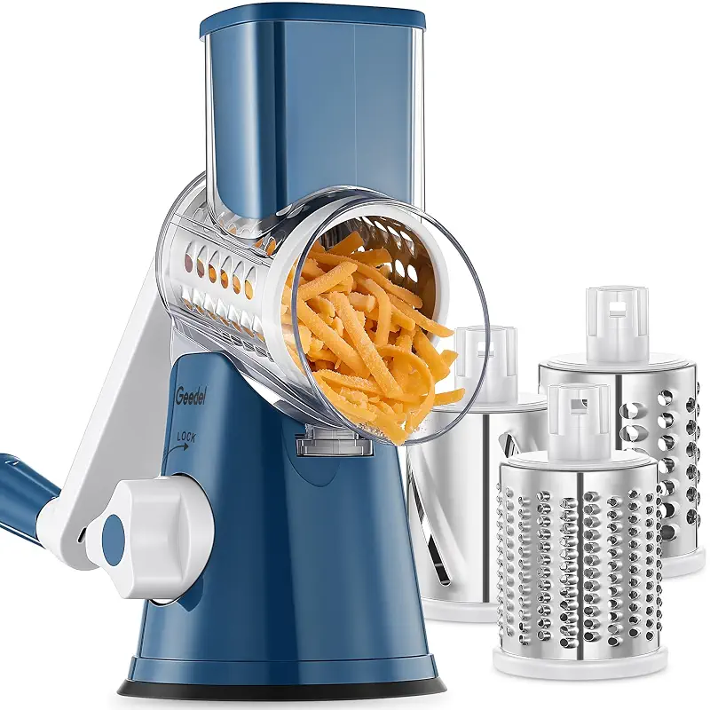 Geedel Rotary Cheese Grater Hand Crank, Cheese Shredder Vegetable Slicer | 3 Blades, 430 Stainless Steel, 12x Fast Cutting, Strong Suction Base, No BPA, Dishwasher Safe, for Cheese, Viggie, Nut