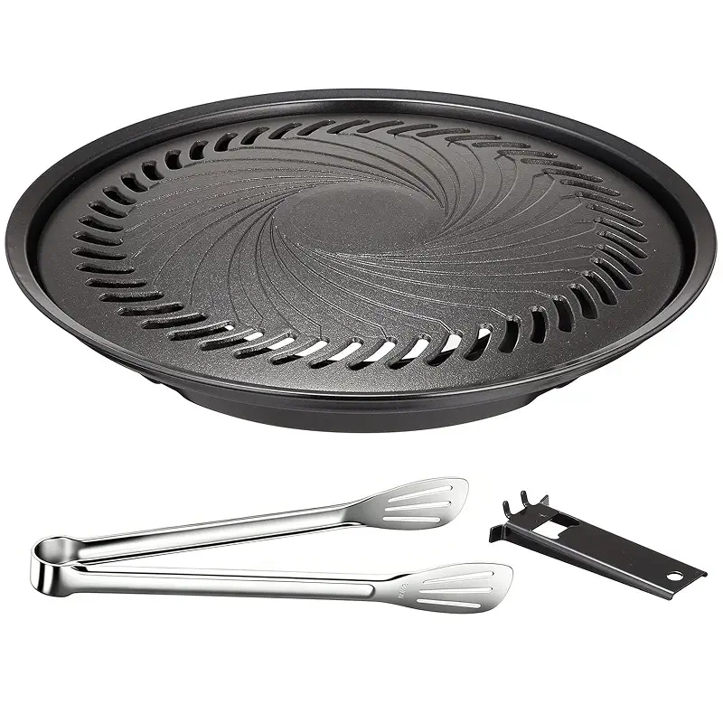 Korean BBQ Grill Pan, Nonstick 13.5" Round Indoor Grill Pan Smokeless Cast Aluminum Includes Food Tongs & Grill Plate Handle, Outdoor Camping Grilling, Picnic Cooking