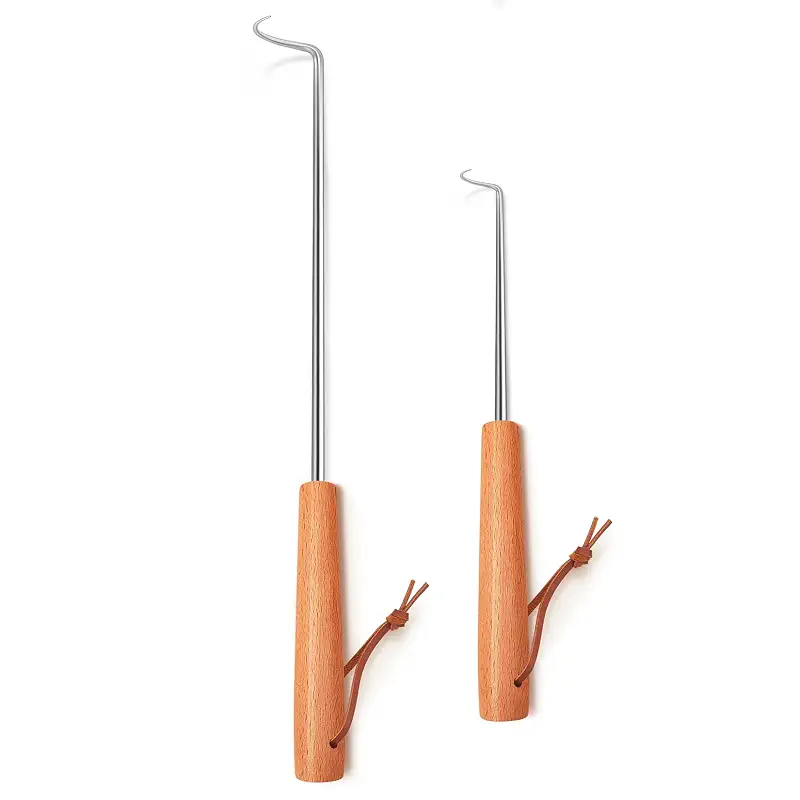 2Pcs Pigtail Food Flipper, Joyfair Meat Hook Barbecue Turner Grill Tools | Stainless Steel Grill Hooks Set BBQ Accessories for Outdoor Grilling&Kitchen Frying, Right Handed (12” & 17”, Wooden Handles)