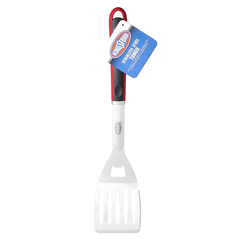 Kingsford Stainless Steel BBQ Grill Spatula, Red & Black Handle | Wide beveled blade slides under burgers and fish; comfortable grip with hanging loop