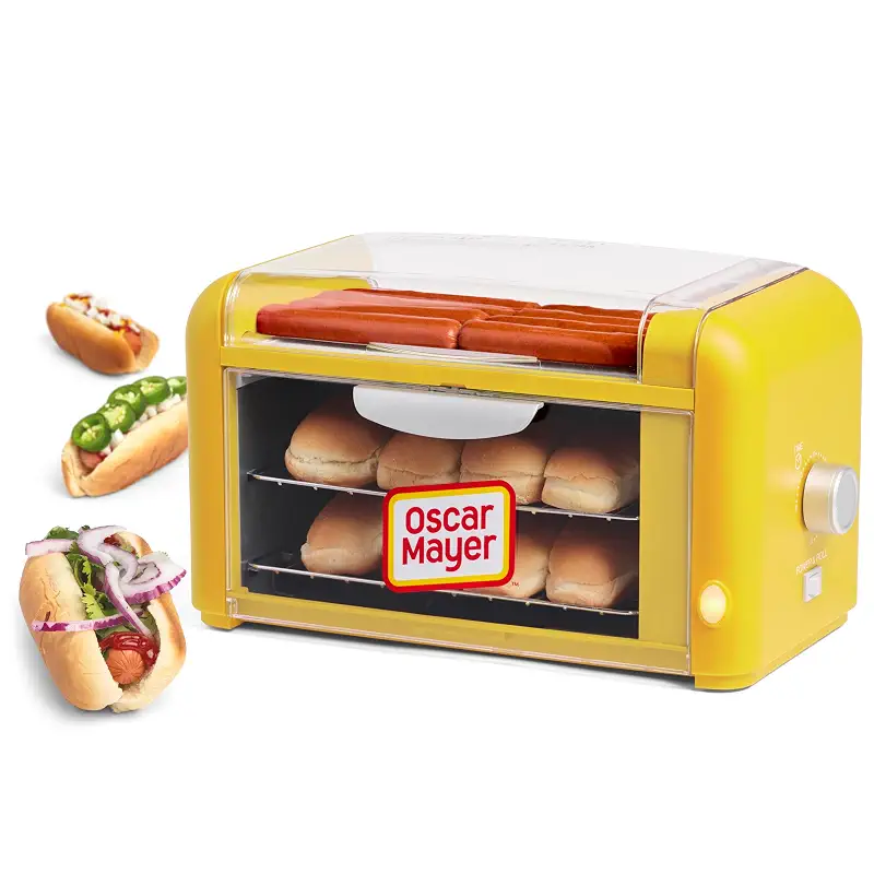 Nostalgia Oscar Mayer Extra Large 8 Hot Dog Roller & Bun Toaster Oven - Stainless Steel Grill Rollers for Veggie Sausages & Brats - Multi-Use Warming Oven with Adjustable Timer for Parties - Yellow