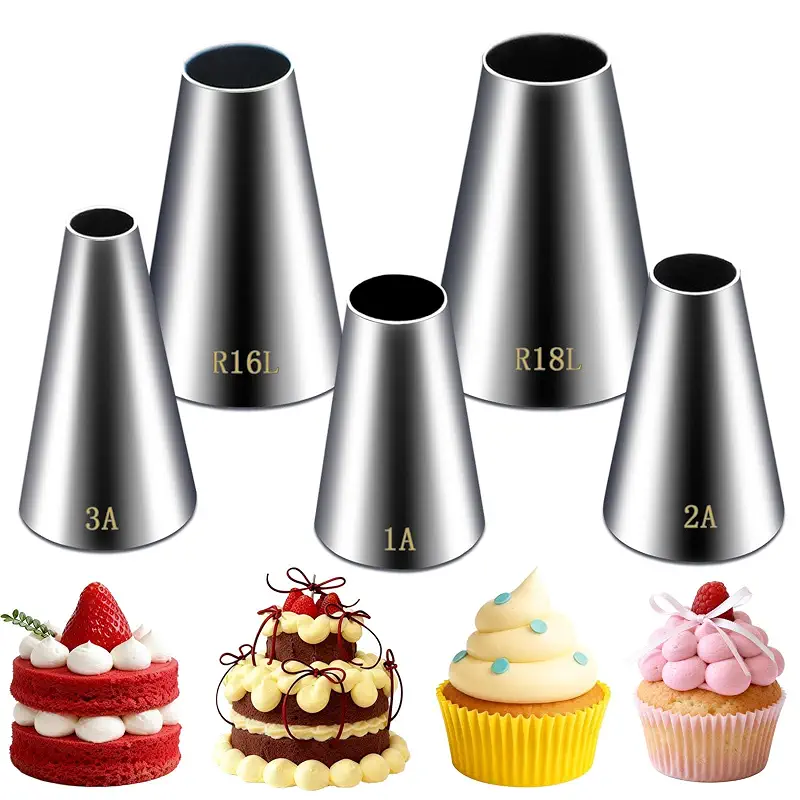 Hendiy 5 Pieces Large Round Piping Tip Set, Stainless Steel | Professional Cake Decorating, Frosting Tip, For Cupcakes Cakes Cookies
