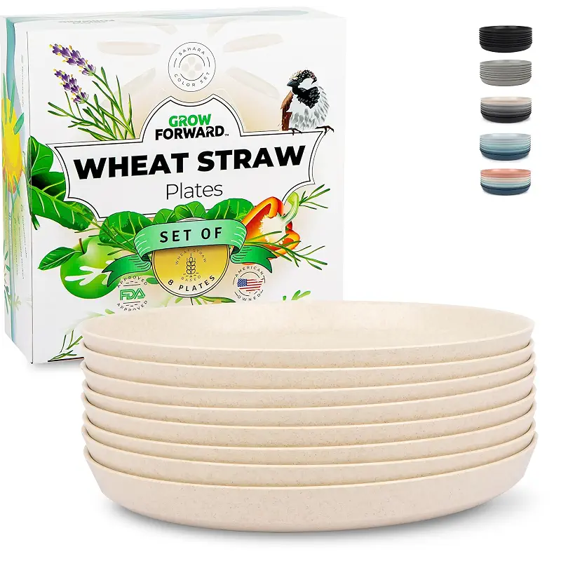 Grow Forward Premium Wheat Straw Plates - 10 Inch Reusable Hard Plastic Dinner Plates Set of 8 - Unbreakable & Microwave Safe Dishes for Dessert, Camping, RV, Outdoors, Patio, Kitchen - Sahara