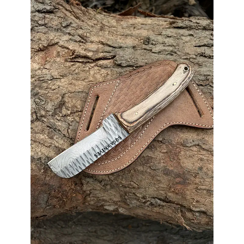 Custom Handmade Damascus steel Bull cutter knife, cowboy knives with pancake leather sheath/Brown pakka wood handle (BROWN)