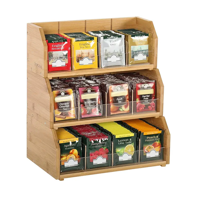 TIOPGHAD 3-Layer Stackable Bamboo Tea Bag Organizer Storage Holder, Natural | Holds 260 tea bags, Removable Compartments, Wood, Acrylic dividers, 12.2 x 7.5 x 13.8 in, for Cabinet, Countertop, Office