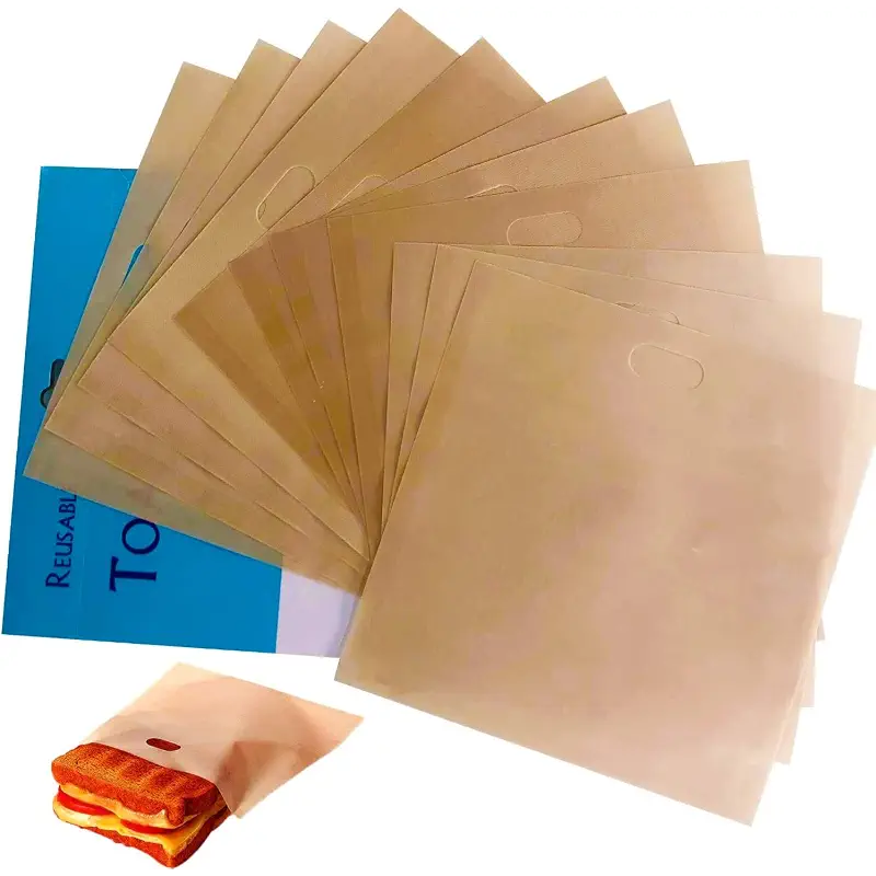 Reusable Toaster Bags 12 Pack Non-Stick PTFE Sandwich Bags FDA BPA Free | TFE fiberglass, 250℃ heat resistant, bread & sandwich use, multi-appliance, dishwasher safe, anti-scald handle
