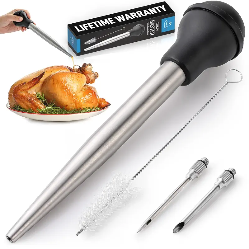 Zulay Kitchen Stainless Steel Turkey Baster | Food Grade Metal Baster Syringe & Silicone Suction Bulb - Large Size With 2 Detachable Needles and Cleaning Brush
