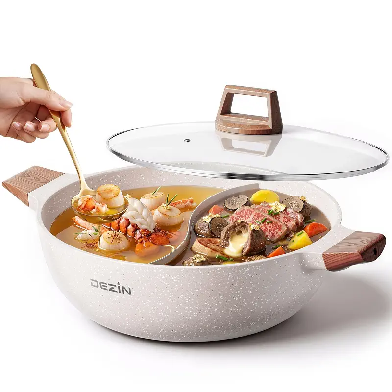 Dezin 5-QT Double-flavor Shabu Shabu Pot with Divider, Dual Sided Nonstick Hot Pot, 12 Inch Divided Stockpot for Cooking, Hotpot for Induction Cooktop, Gas Stove & Hot Burner, Soup Ladle Included