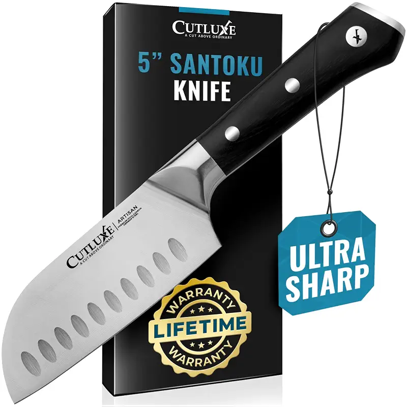 Cutluxe Santoku Knife 5" – Meat & Vegetable Chopping Knife, German Steel | Hand-sharpened high carbon blade, full tang with ergonomic pakkawood handle; grooved sides release food for fast slicing