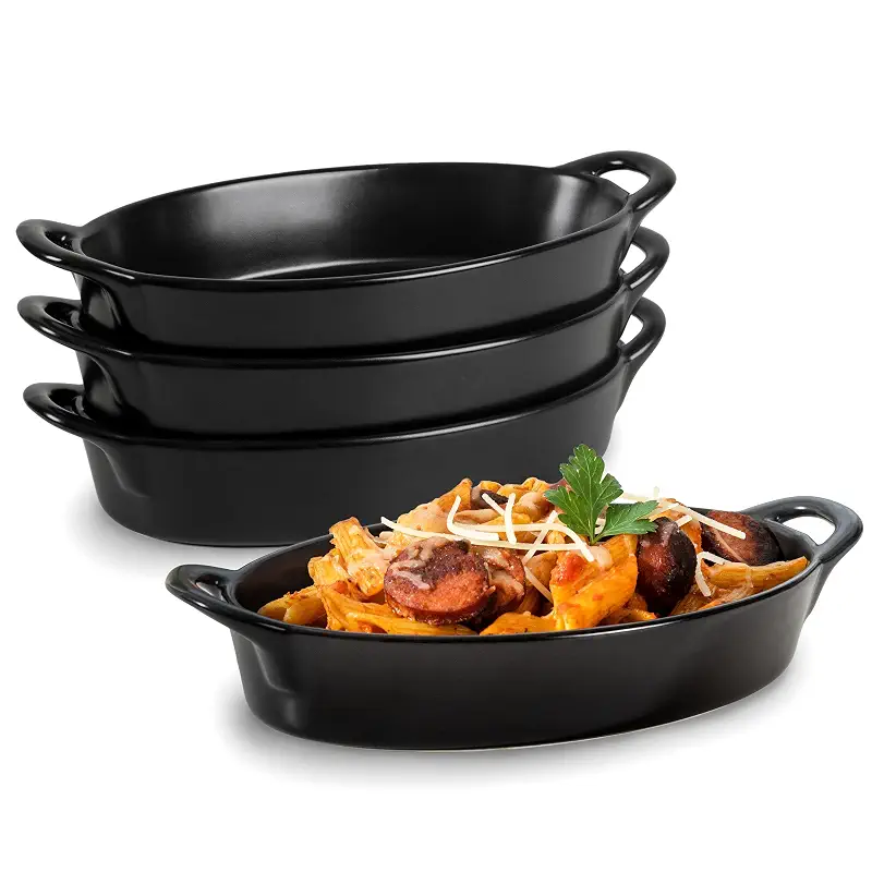 Oval Au Gratin Baking Dishes for Oven Safe and Microwave Cooking and Baking, 4 Pc. Set, Heat Resistant Ceramic with Handles for Serving, Small Mini Casserole Dish, 8" x 5", 16 oz, Matte Black