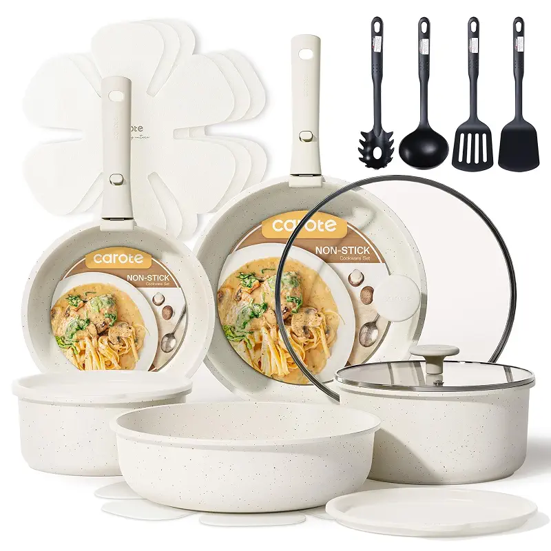 CAROTE 19pcs Pots and Pans Set Non Stick, Detachable Handle Cookware | Kitchen Cooking Sets, Space Saving, Dishwasher & Oven Safe, Non-Toxic, for Camping/RV/Traveling, Cream White