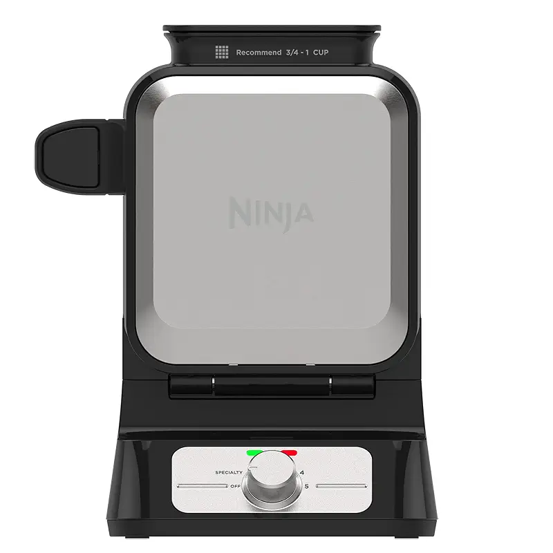 Ninja Belgian Waffle Maker Pro, 5 Shade Settings, Black/Silver, BW1001 | Vertical design, NeverStick coating, Precision-pour cup, Recipe guide, Dishwasher-safe parts