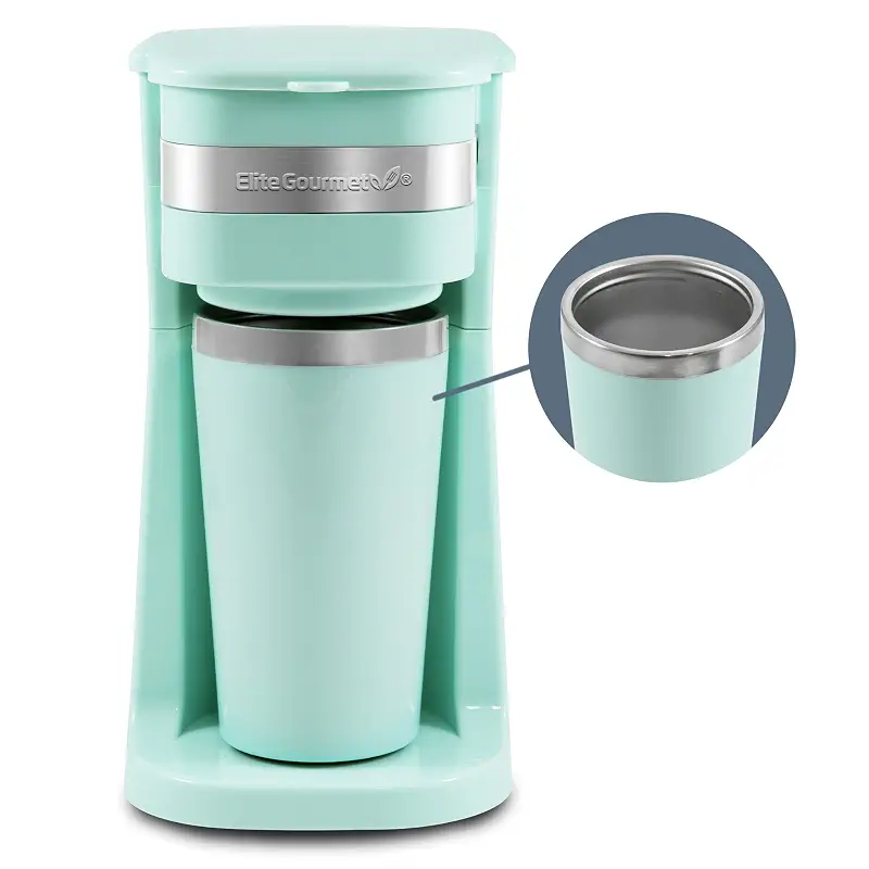 Elite Gourmet EHC113M Personal Single-Serve Compact Coffee Maker, Mint | Includes 14oz stainless steel interior thermal travel mug, reusable filter - compatible with coffee grounds