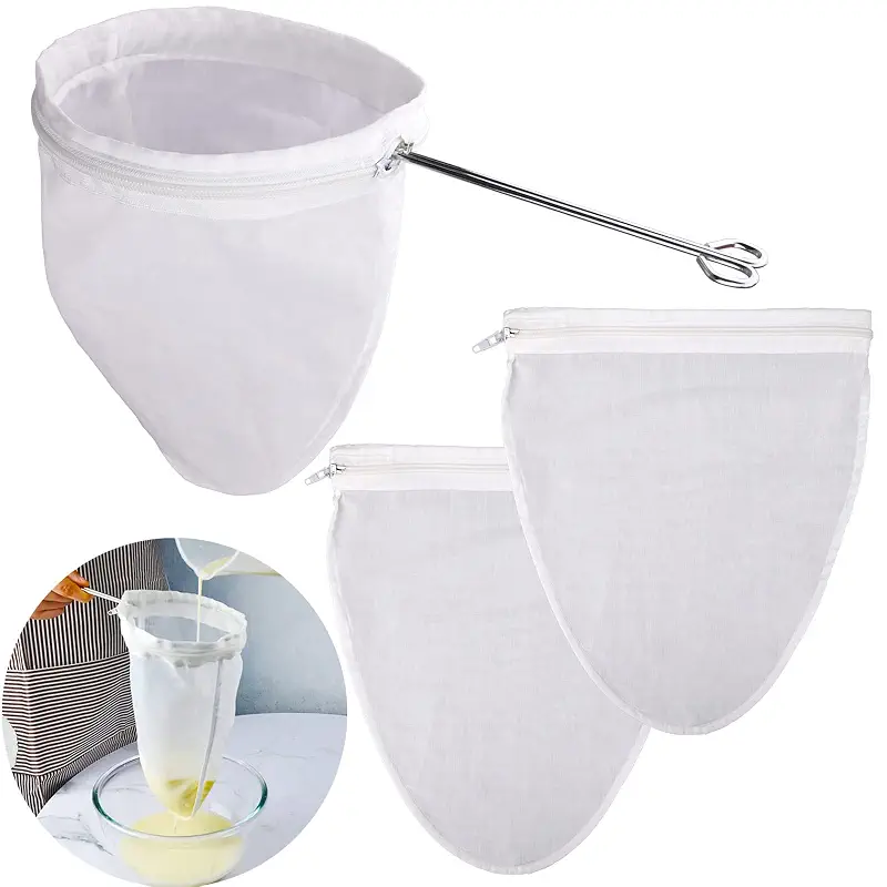 WMKGG Ultra Fine Mesh Strainer Bags, Reusable Mesh Filter Bags | with Stainless Steel Handle Frame for Filter NutMilk, Coffee, Milk, Butter, Juices and Fresh Cheese (Small Size)