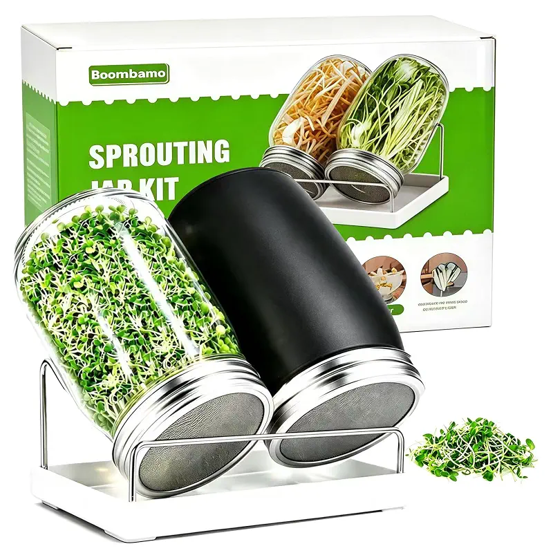 Premium Sprouting Jar Kit,2-Wide Mouth Mason Jars with Mesh Sprout Lids | Sprouting Blackout Sleeves,Stand,Drip Tray, Professional Seed Sprouting Kit for Mung Bean, Alfalfa,Broccoli Sprout Growing