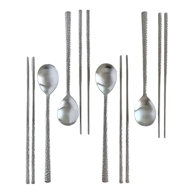 Korean Made Silver Glossy Hammered Stainless Steel Korean Spoon & Chopstick SET Gift for Mom Stocking Stuffer(4SET)