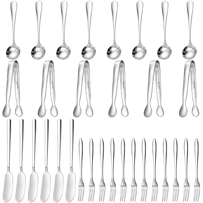 32 Pieces Cheese Butter Spreader Knives Set, Charcuterie Accessories Stainless Steel Cheese Spreader Knives, Mini Serving Tongs, Spoons and Forks for Butter Cheese Jam Appetizer Pastry Making