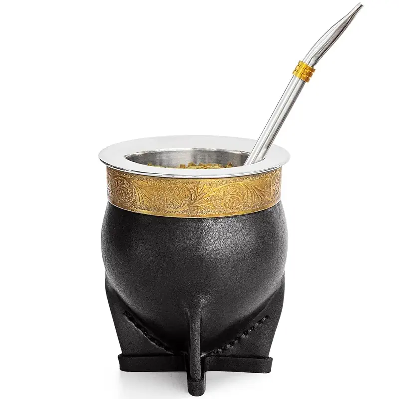 Cuopru Premium Argentina Imperial Yerba Mate Cup with Bombilla Mate (Straw) Set, Baroque Style, Leather Gourd, 304 Stainless Steel Inner (Black)