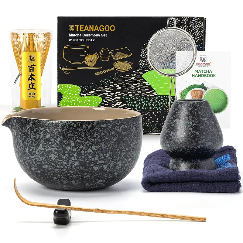 TEANAGOO Matcha Whisk Set Black,7 Pcs Matcha Set,Matcha Kit for Ceremony,Tradition Tea Set for Making Breakfast/Latte,Matcha Whisk Set with Bowl(Chawan)/Whisk and Holder,Gift for Family/Friend
