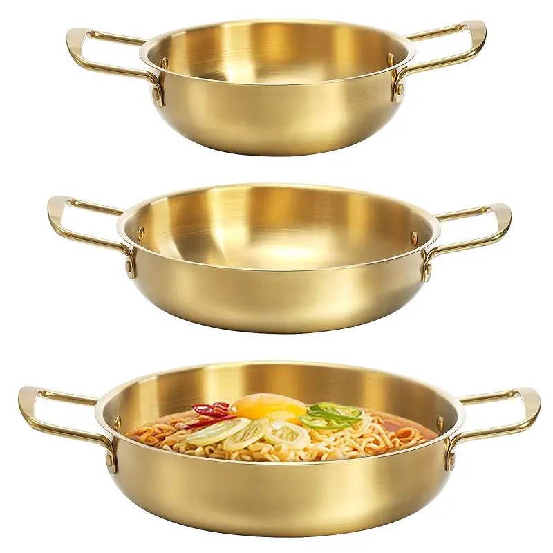 Okllen Set of 3 Korean Ramen Noodle Pot with Handles, Stainless Steel Everyday Pan, Golden Korean Cooking Pot for Soup, Noodle, Pasta, Home and Outdoor, Dishwasher Safe, Size 7", 8.7", 9.5"