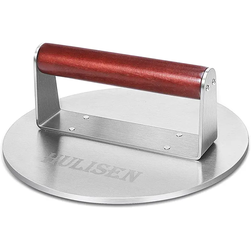 HULISEN 8.5-Inch Burger Press, 2.5 lbs Heavy Duty Bacon & Grill Press, Stainless Steel Smashed Burger Press, Round Smasher with Wood Handle, BBQ Griddle Accessories for Hamburger, Steak, Meat
