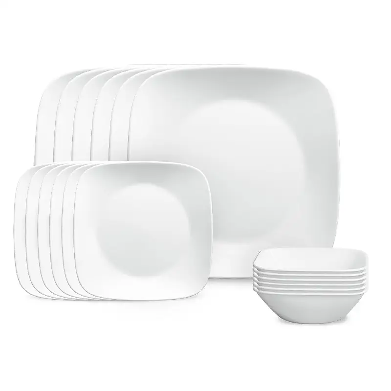 Corelle Vitrelle 18-Piece Service for 6 Square Dinnerware Set Triple Layer Glass and Chip Resistant, Lightweight Square Plates and Bowls Set, Pure White