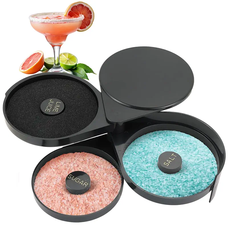 3-Tier Bar Glass Rimmer Bartender Tool with Sponge | FDA-Compliant Margarita Salt Rimmer Set,Salt Rimmer for Cocktails, 3-Tray Black Plastic Bar Accessories Bartending Supplies (1 Pack)