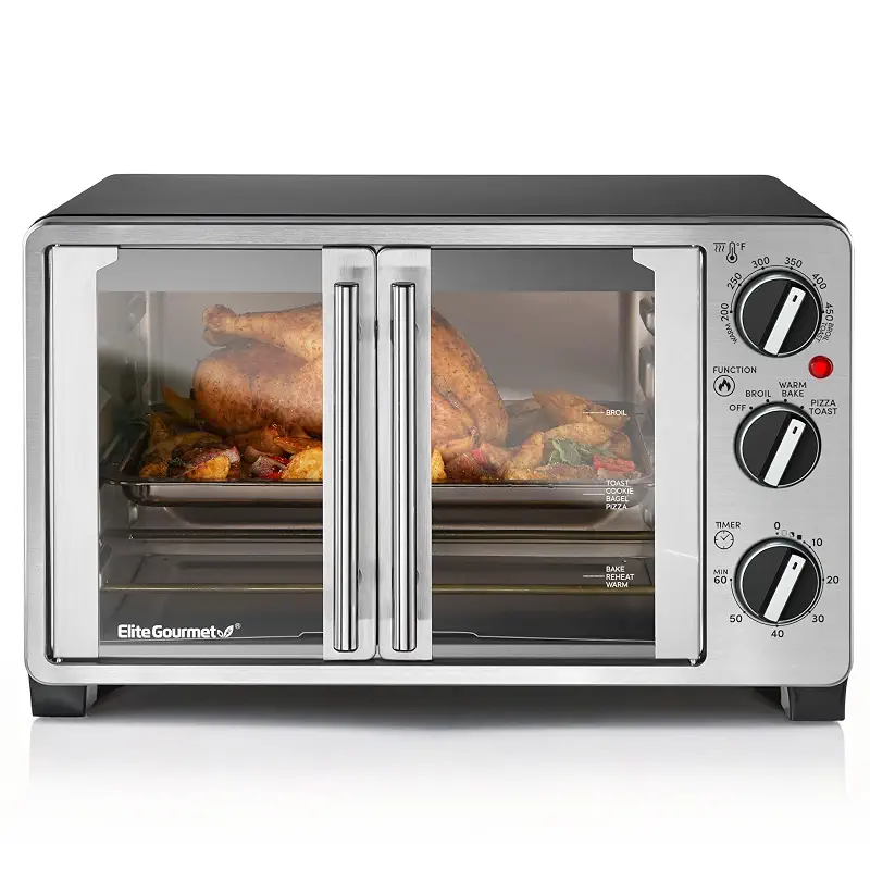 Elite Gourmet ETO2530M Double French Door Oven, 25L, 12" Pizza, SS/Black | Bake, Broil, Toast & Keep Warm functions - great for entertaining - Countertop Design