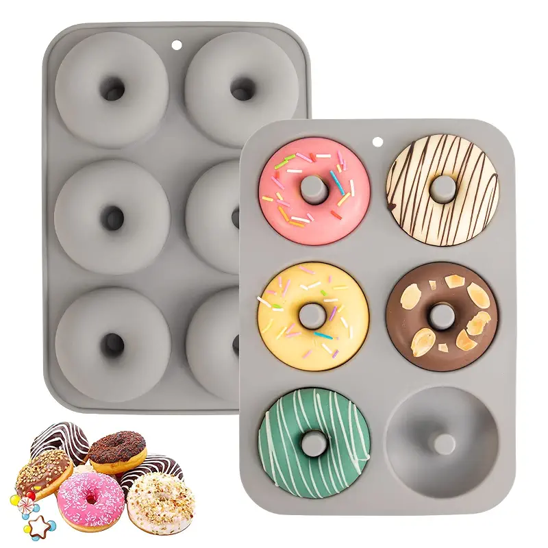 Aichoof Non-Stick Silicone Donut Pan for 6 Doughnuts, BPA-Free, 2-Pack Grey | Food Grade LFGB Silicone Bagels Baking Mold, Dishwasher Safe, Heat Resistant and Microwave Safe