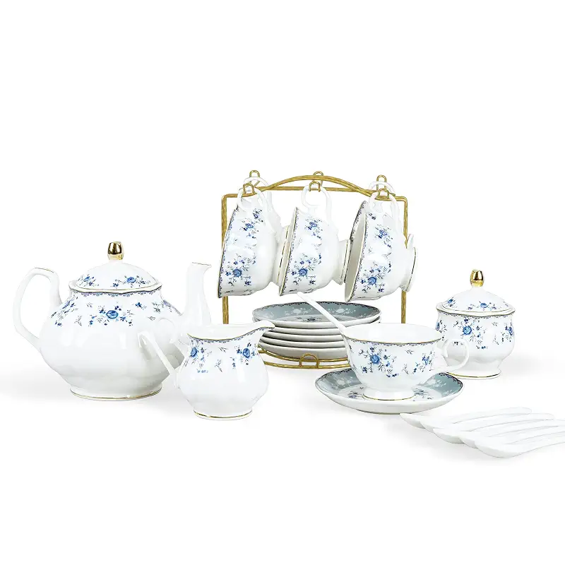 fanquare 15 Piece British Blue Rose Porcelain Tea Set | Floral Teapot with Tea Cups, Women Tea Party Set for 6
