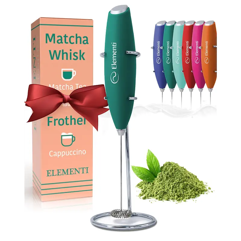 Elementi Matcha Whisk & Frother Set - Powerful Electric Matcha Mixer for Powder, Easy to Use Electric Whisk Kit - Craft Effortless Lattes with the Elementi Milk Frother Wand & Wisk (Emerald Green)
