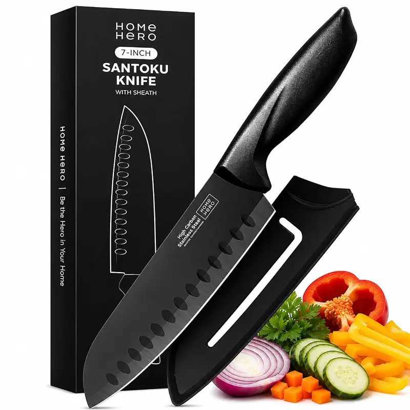 Home Hero Santoku Knife with Sheath - High Carbon Stainless Steel Knife | High Carbon Stainless Steel Santoku Knife - Nonstick Blade, Ergonomic Handle & Protective Sheath (7-Inch)