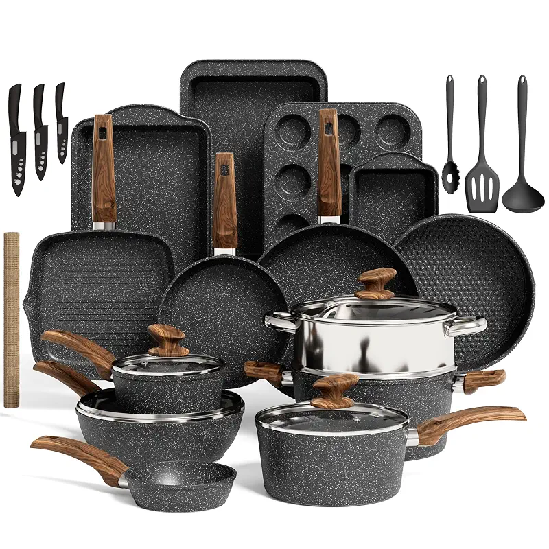 Kitchen Academy Induction Cookware & Bakeware Set, 30pcs Pots and Pans Set | Nonstick Kitchen Cookware Sets, Granite Cooking Pan and Pot Set, All-Stovetop Compatible, PFOS/PFOA-free, Black