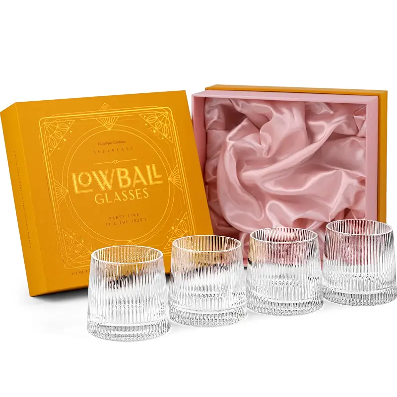 GLASSIQUE CADEAU Vintage Art Deco Speakeasy Lowball Glasses | Set of 4 | 9 oz Crystal Tumblers for Drinking Classic Gin, Rum, Vodka Bar Drinks | Round Short Rocks Glassware